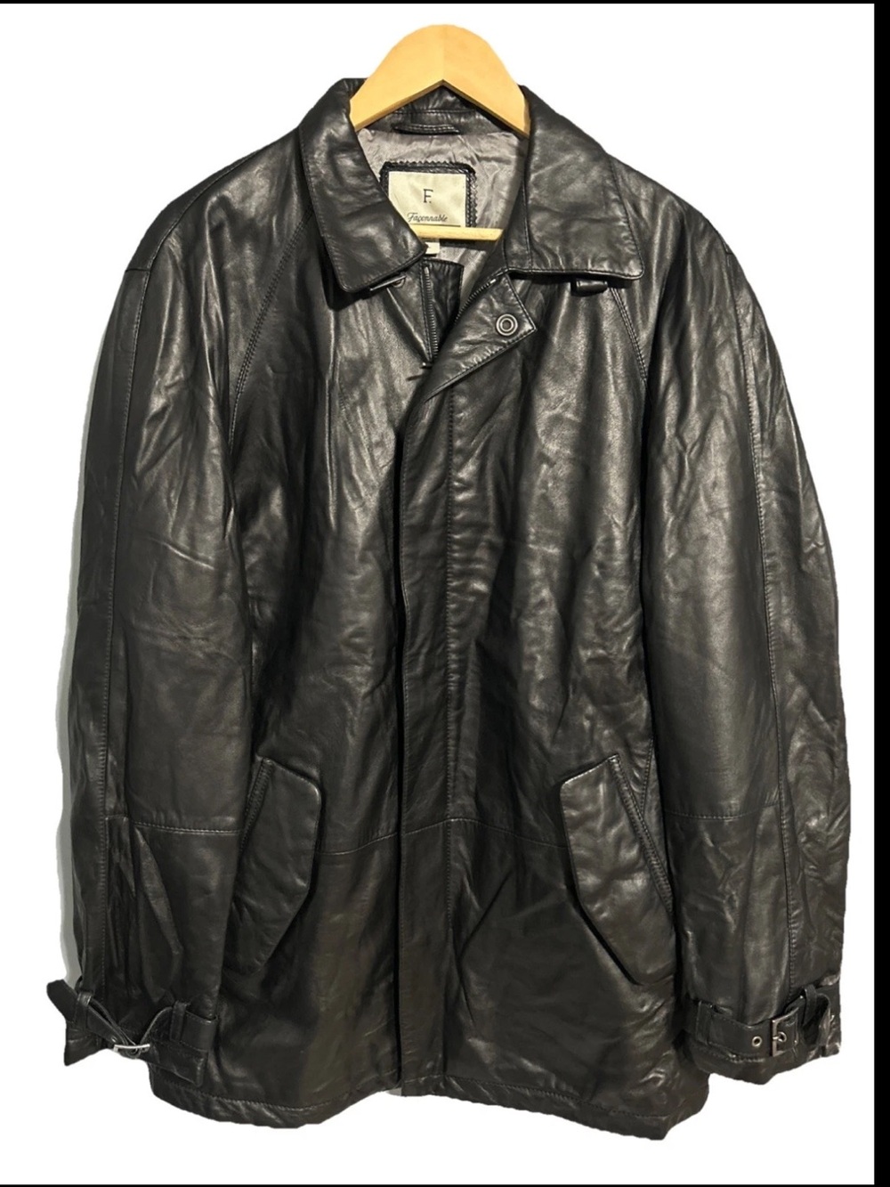 Faconnable Vintage Black Leather Jacket Car Coat Mens L Lambskin